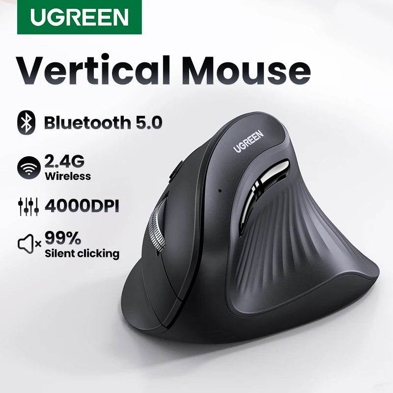 UGREEN Vertical Mouse Wireless Bluetooth5.0 2.4G Ergonomic 4000DPI 6 Mute Buttons for Macbook Tablet Laptops Computer PC Mice - My Store