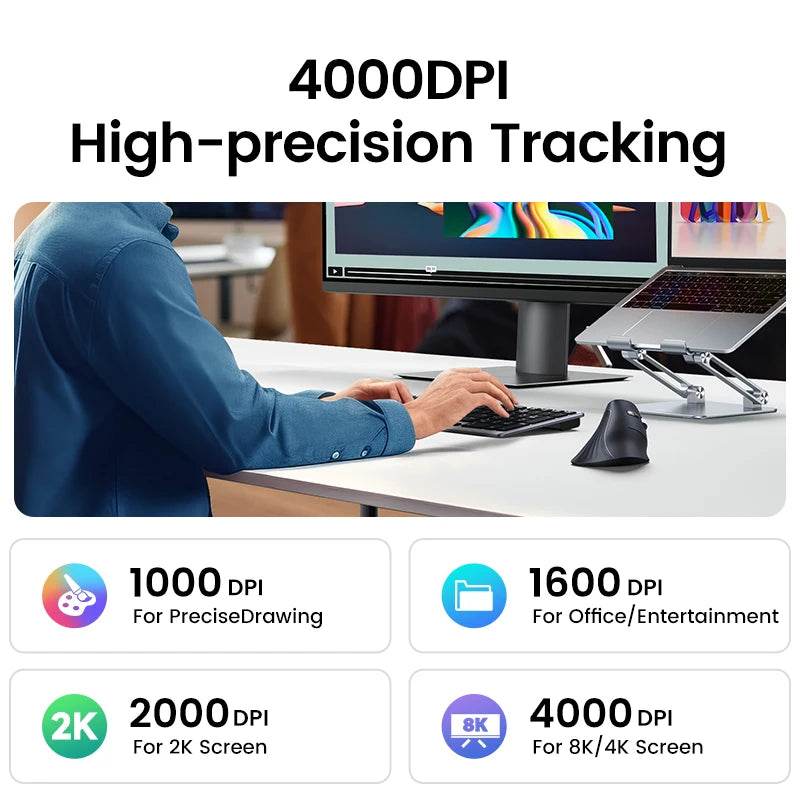 UGREEN Vertical Mouse Wireless Bluetooth5.0 2.4G Ergonomic 4000DPI 6 Mute Buttons for Macbook Tablet Laptops Computer PC Mice - My Store
