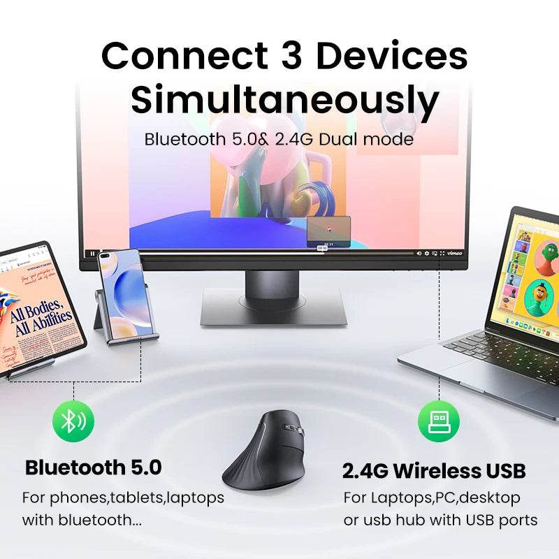UGREEN Vertical Mouse Wireless Bluetooth5.0 2.4G Ergonomic 4000DPI 6 Mute Buttons for Macbook Tablet Laptops Computer PC Mice - My Store