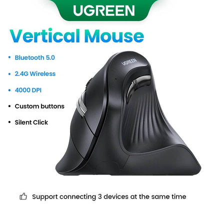 UGREEN Vertical Mouse Wireless Bluetooth5.0 2.4G Ergonomic 4000DPI 6 Mute Buttons for Macbook Tablet Laptops Computer PC Mice - My Store