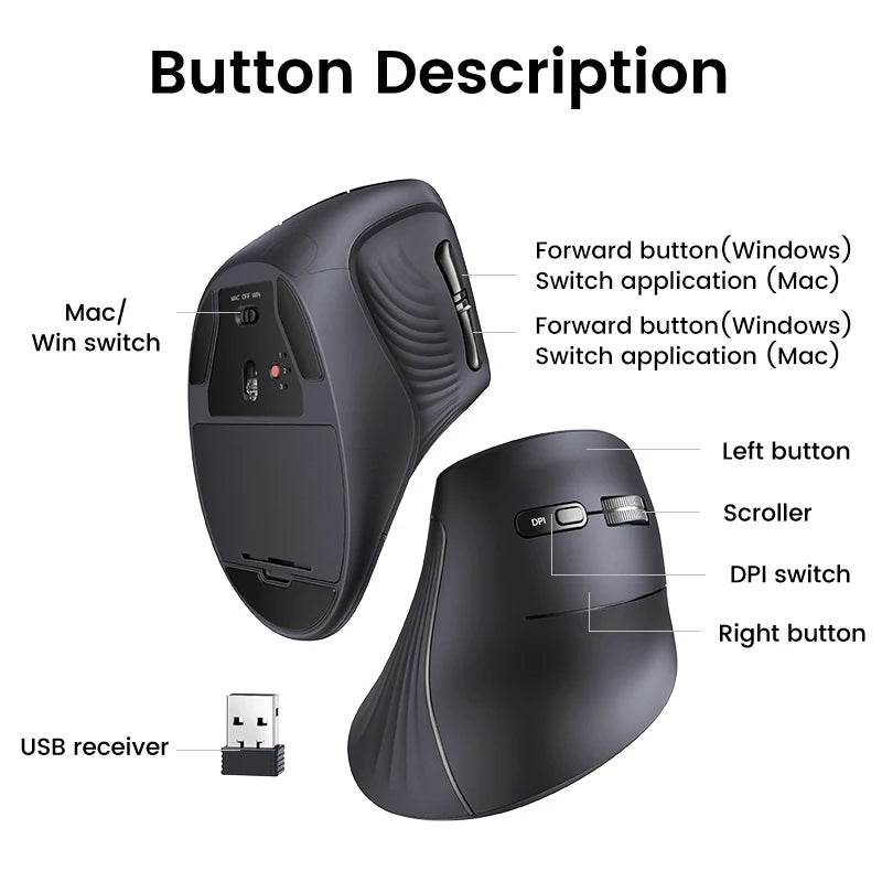 UGREEN Vertical Mouse Wireless Bluetooth5.0 2.4G Ergonomic 4000DPI 6 Mute Buttons for Macbook Tablet Laptops Computer PC Mice - My Store