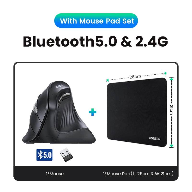 UGREEN Vertical Mouse Wireless Bluetooth5.0 2.4G Ergonomic 4000DPI 6 Mute Buttons for Macbook Tablet Laptops Computer PC Mice - My Store